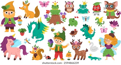 Vector magic creature clipart set. Cute icons of fairytale characters. Woodland fantasy animal collection. Forest fairy tale illustration. Magical pack with dwarf, unicorn, elf, deer, dragon, mouse