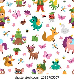 Vector magic creature seamless pattern. Cute repeat background with fairytale characters. Woodland fantasy animal digital paper. Forest fairy tale, magical texture with dwarf, unicorn, elf, deer
