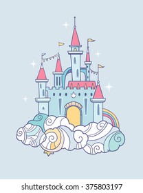 Vector Magic Cute Baby  Fairy Cloud Castle In Cartoon Style