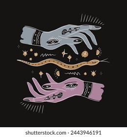 Vector magic dark witch abstract logo design template in trendy linear minimal style with tattooed hands, moon and stars. Boho whimsical mystic symbols set, good for cosmetics and hand crafted