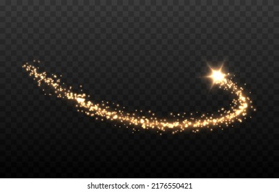 Vector magic dust trail png. Gold dust, golden light on an isolated transparent background. Christmas dust. Light trail, light effect png.