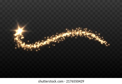 Vector magic dust trail png. Gold dust, golden light on an isolated transparent background. Christmas dust. Light trail, light effect png.