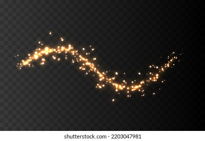 Vector magic dust trail png. Gold dust, golden light on an isolated transparent background. Christmas dust. Light trail, light effect png.