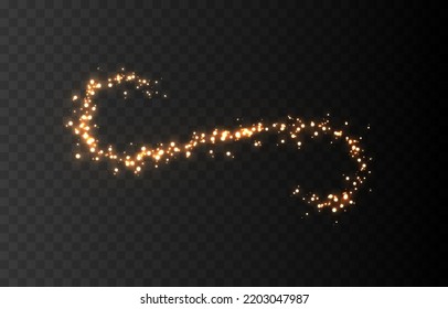 Vector magic dust trail png. Gold dust, golden light on an isolated transparent background. Christmas dust. Light trail, light effect png.