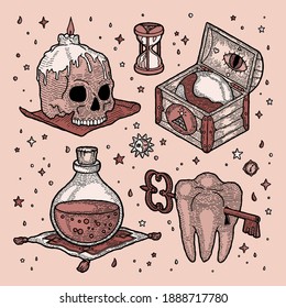 Vector Magic Elements Set in Mystery Style. Mystical Human Skull and Candle, Wooden Chest and Globe, Hourglass, Glass Bottle of Poison Potion on the Carpet and Tooth with Keyhole and Ancient Key