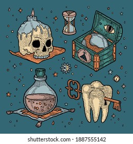 Vector Magic Elements Set in Mystical Style. Mysterious Skull and Candle, Wooden Chest and Globe, Hourglass, Glass Bottle of Potion or Poison on the Carpet and Human Tooth with Keyhole and Ancient Key