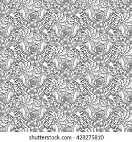 Vector magic fairy forest garden seamless pattern background in doodle style.Flowers, seedpods,  leaves, ornamental design elements. Black and white background. Zentangle coloring book page