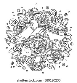 Vector magic fairy witchcraft illustration in doodle style. Flowers, magic book, potions, feather,ornate tribal elements. Black and white decorative background. Zentangle coloring book page, tattoo