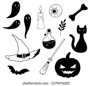 Vector magic flask with poison potion, pumpkin, bat, ghost and ghosts. Set of Illustrations for Halloween isolated on white
