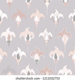 Vector Magic Flowers in pastels on gray seamless pattern background. Perfect for fabric, scrapbooking and wallpaper projects.	