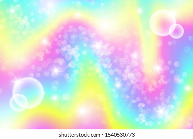 Vector magic flowing rainbow background. Pastel holographic backdrop design with bokeh and sparkles.