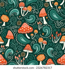 Vector magic fly agaric seamless pattern design in hand-drawn style. Mushrooms and paisley elements. Ethnic forest seamless print.