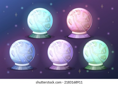 Vector magic fortune sphere glass ball set. Witchy Magic Crystal Ball, Fortune Teller, magic crystal balls. Predictions and positive affirmations,healing hands, Sacred Witch and Mystical Symbols