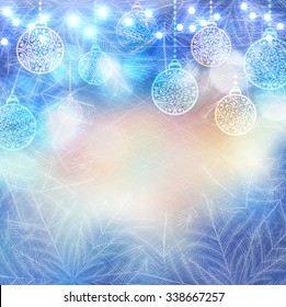 Vector Magic frozen background with christmas balls and lights