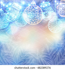 Vector magic frozen background with with christmas balls and a silhouette of mittens and lights