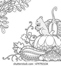 Vector magic garden frame in doodle style. Floral, ornate, decorative, design elements. Black and white monochrome background. Pumpkins, berries and leaves. Zentangle coloring book