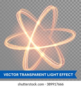 Vector magic glowing light swirl trail trace effect on transparent background. Bokeh glitter fire spark spiral wave line with flying sparkling flash lights. Atom form.