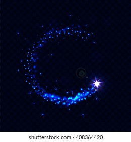 Vector magic glowing spark swirl trail effect on transparent background. Glitter wave line with flying sparkling flash lights.