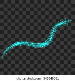 Vector magic glowing spark swirl trail effect on transparent background. Boken glitter wave line with flying sparkling flash lights