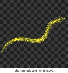 Vector magic glowing spark swirl trail effect on transparent background. Boken glitter wave line with flying sparkling flash lights