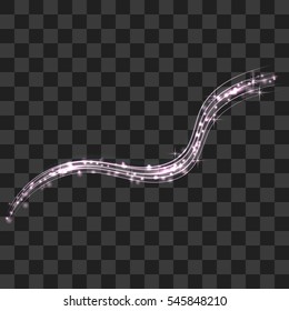 Vector magic glowing spark swirl trail effect on transparent background. Boken glitter wave line with flying sparkling flash lights