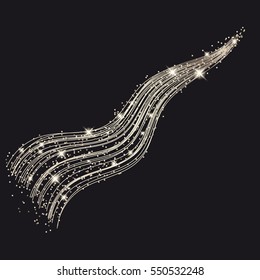 Vector magic glowing spark swirl trail effect on black background. Boken glitter wave line with flying sparkling flash lights.