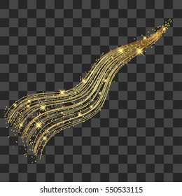 Vector magic glowing spark swirl trail effect on transparent background. Boken glitter wave line with flying sparkling flash lights.