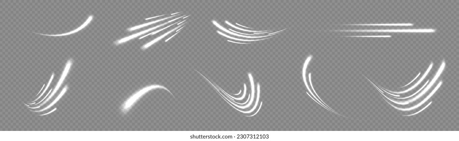 Efecto de luz de estrella brillante mágico vectorial con línea curva borrosa neón. Un bokeh de cometas traslúcido. Efecto especial de navidad blanca sobre fondo transparente. El efecto de la curva vórtice.