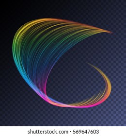 Vector magic glowing swirl flare transparent light effect. Bright shining rainbow wavy element for your design.