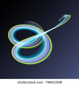 Vector magic glowing swirl flare transparent light effect. Bright shining wavy element for your design.