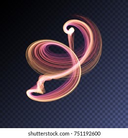 Vector magic glowing swirl flare transparent light effect. Bright shining wavy element for your design.