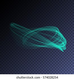 Vector magic glowing swirl trail transparent light effect. Bright shine wavy element for your design.