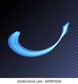 Vector magic glowing swirl trail transparent light effect. Bright shine wavy element for your design. Blue comet.