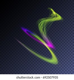 Vector magic glowing swirl trail transparent light effect. Bright shine wavy element for your design.