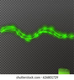 Vector magic glowing whirlwind trail of transparent light effect. Bright shiny wavy green element for your design.