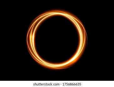Vector magic gold circle frame. Fire Hole. Glowing fire ring trace. Golden swirl trail effect on black background. Bright luxury round ellipse line with flying flash lights. Isolated on black 
