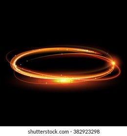 Vector magic gold circle. Glowing fire ring trace. Glitter sparkle swirl trail effect on black  background. Bokeh glitter round ellipse line with flying sparkling flash lights.