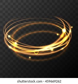 Vector magic gold circle. Glowing fire ring trace. Abstract light gold circle  Glitter swirl trail effect on transparent background. Bokeh glitter round ellipse line with flying sparkling flash lights