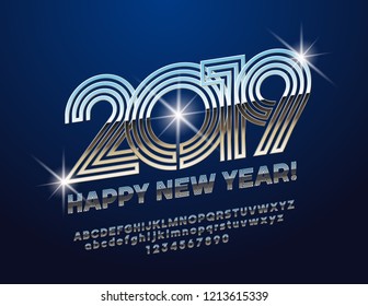 Vector magic Greeting Card Happy New Year 2019. Metallic tube Font. Glossy modern Alphabet Letters, Numbers and Symbols