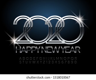 Vector magic Greeting Card Happy New Year 2020. Chic set of Alphabet Letters and Numbers. Unique Silver Font.