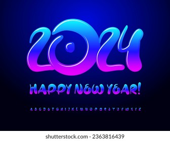 Tarjeta de felicitación mágica vectorial ¡Feliz Año Nuevo 2024! Tipo de letra brillante manuscrita. Conjunto de letras y números de alfabeto único