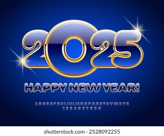 Vectormagie Grußkarte Frohes neues Jahr 2025! Chic blau und gold Schriftart. Trendy Alphabet Buchstaben und Zahlen gesetzt.