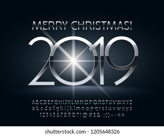 Vector magic Greeting Card Merry Christmas 2019. Chic set of Alphabet Letters, Numbers and Symbols. Silver slim Font.