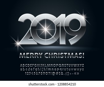 Vector magic Greeting Card Merry Christmas 2019. Stylish set of Alphabet Letters, Numbers and Symbols. Silver chic Font.