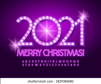 Vector magic greeting card Merry Christmas 2021! Violet Neon Font. Glowing electric Alphabet Letters and Numbers set