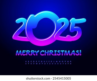 Vetor mágico Cartão Feliz Natal 2025! Fonte do gradiente decorativo. Conjunto brilhante de letras e números alfabéticos brilhantes.
