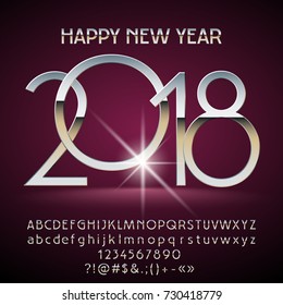 Vector magic Happy New Year 2018 Greeting Card with Alphabet set of Letters, Symbols and Numbers. Silver Font contains Graphic Style