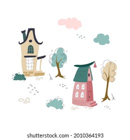 Vector magic houses for the interior of the children's room. Vector cartoon illustration for a holiday, for a postcard