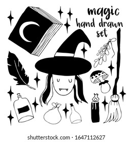 Vector magic icons. Hand drawn, doodle, sketch magician set. witch, magic book, feather, potion. Witchcraft symbols