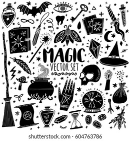 Vector Magic Icons. Hand Drawn, Doodle, Sketch Magician Set. Witchcraft Symbols